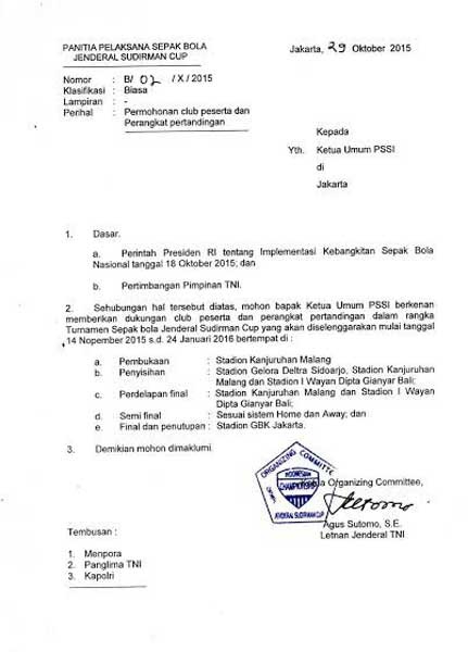 Kirim Surat Ke Pssi Panitia Piala Jenderal Sudirman Tidak