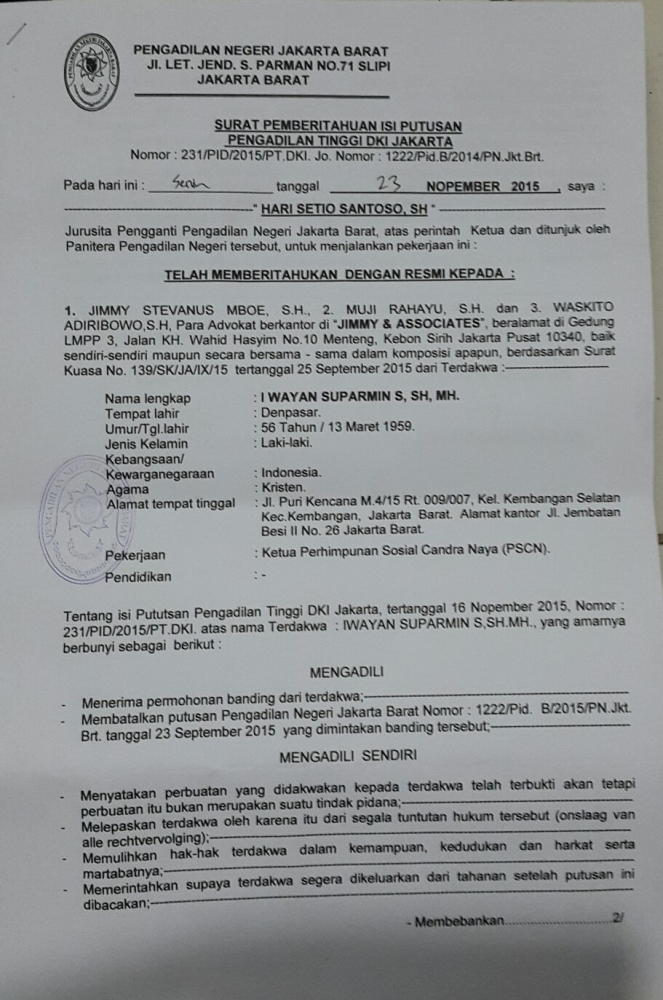 Ketua Candranaya Bebas Dari Kasus Sengketa Tanah Sumber Waras