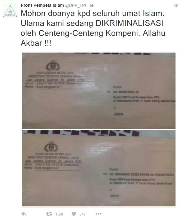 Rizieq Shihab Dan Munarman Dipanggil Polisi Sebagai Saksi