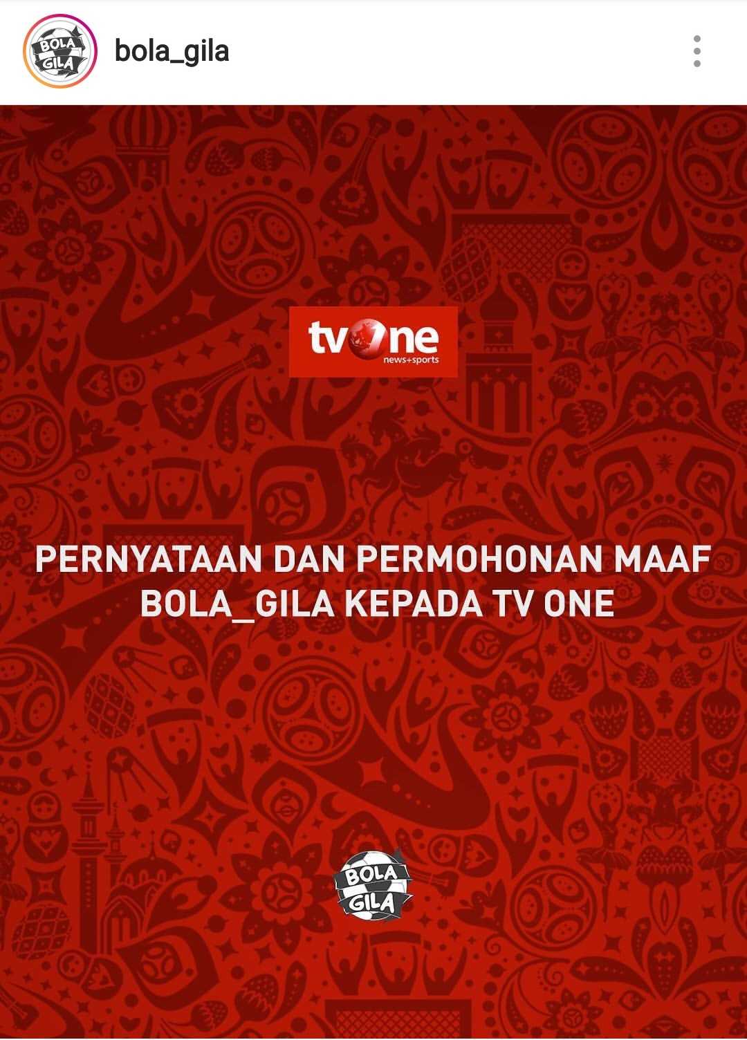 Setelah Dilaporkan Tvone Ke Polisi Akun Bola_gila Minta Maaf Setelah Dilaporkan Tvone Ke Polisi Akun Bola_gila Minta Maaf