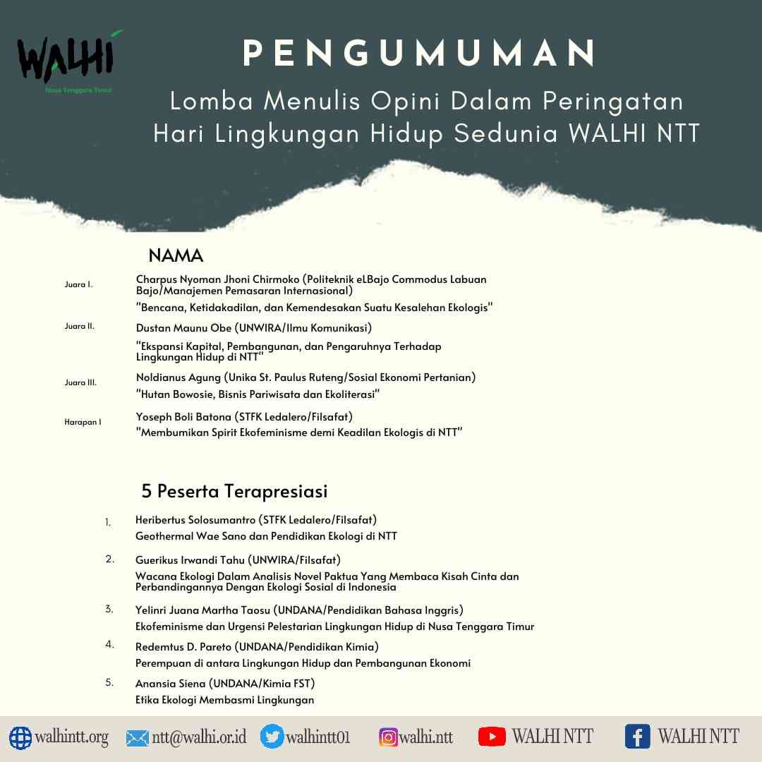 WALHI NTT: Umumkan Pemenang Lomba Menulis Opini Halaman 1 - Kompasiana.com