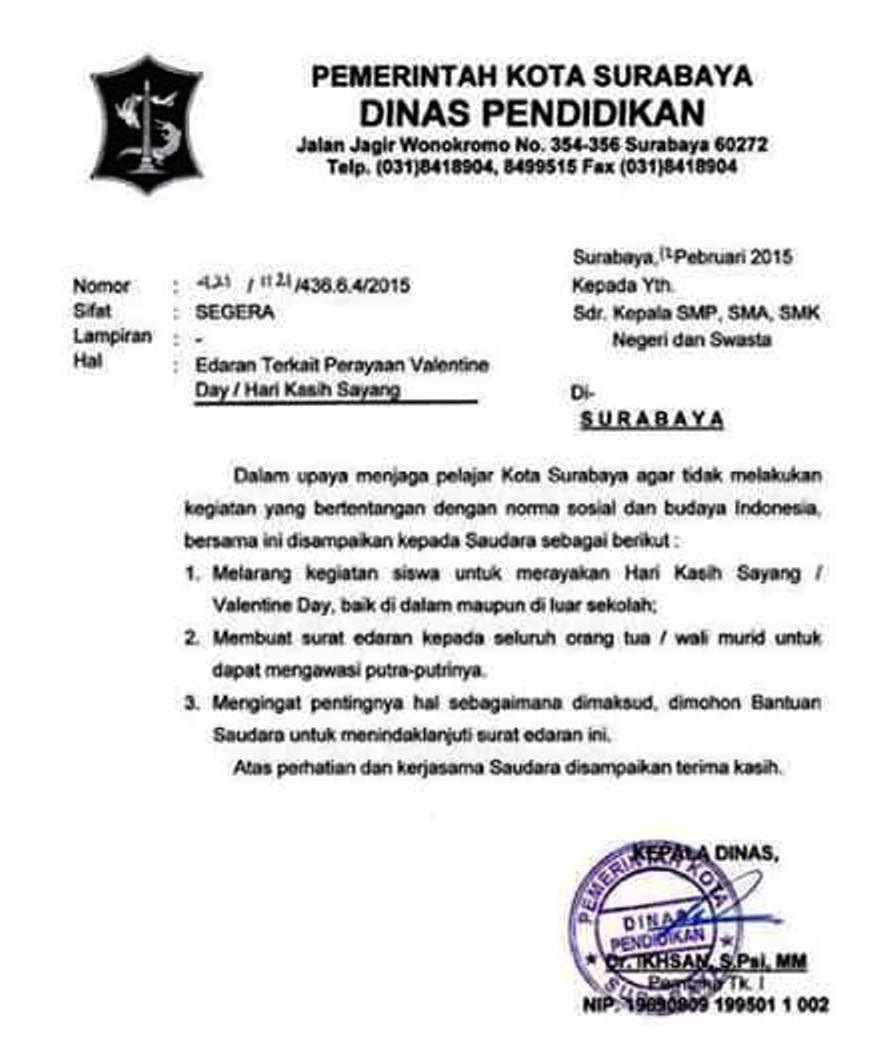 Edaran Dinas Pendidikan Kota Surabaya Melarang Siswa Merayakan